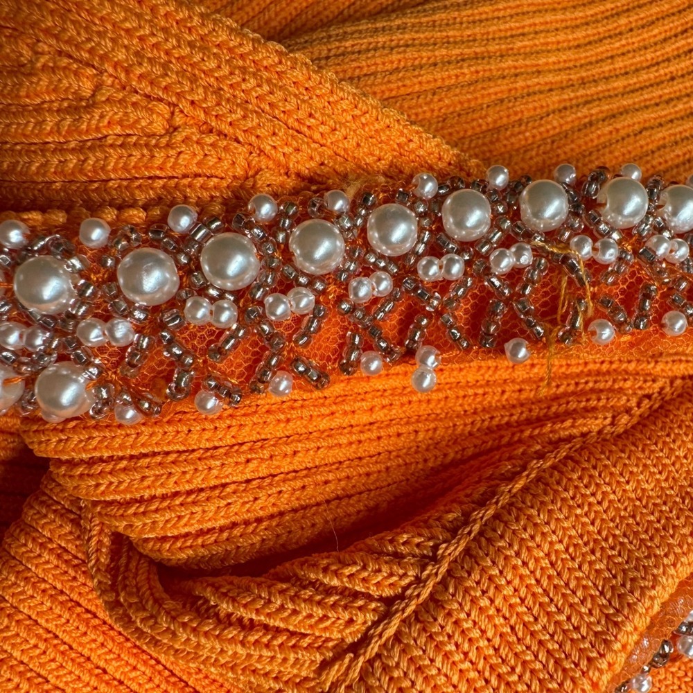 Zara Large Mini Dress Ribbed Bodycon‎ Orange Embellished Low Back Party Cocktail - Picture 7 of 9
